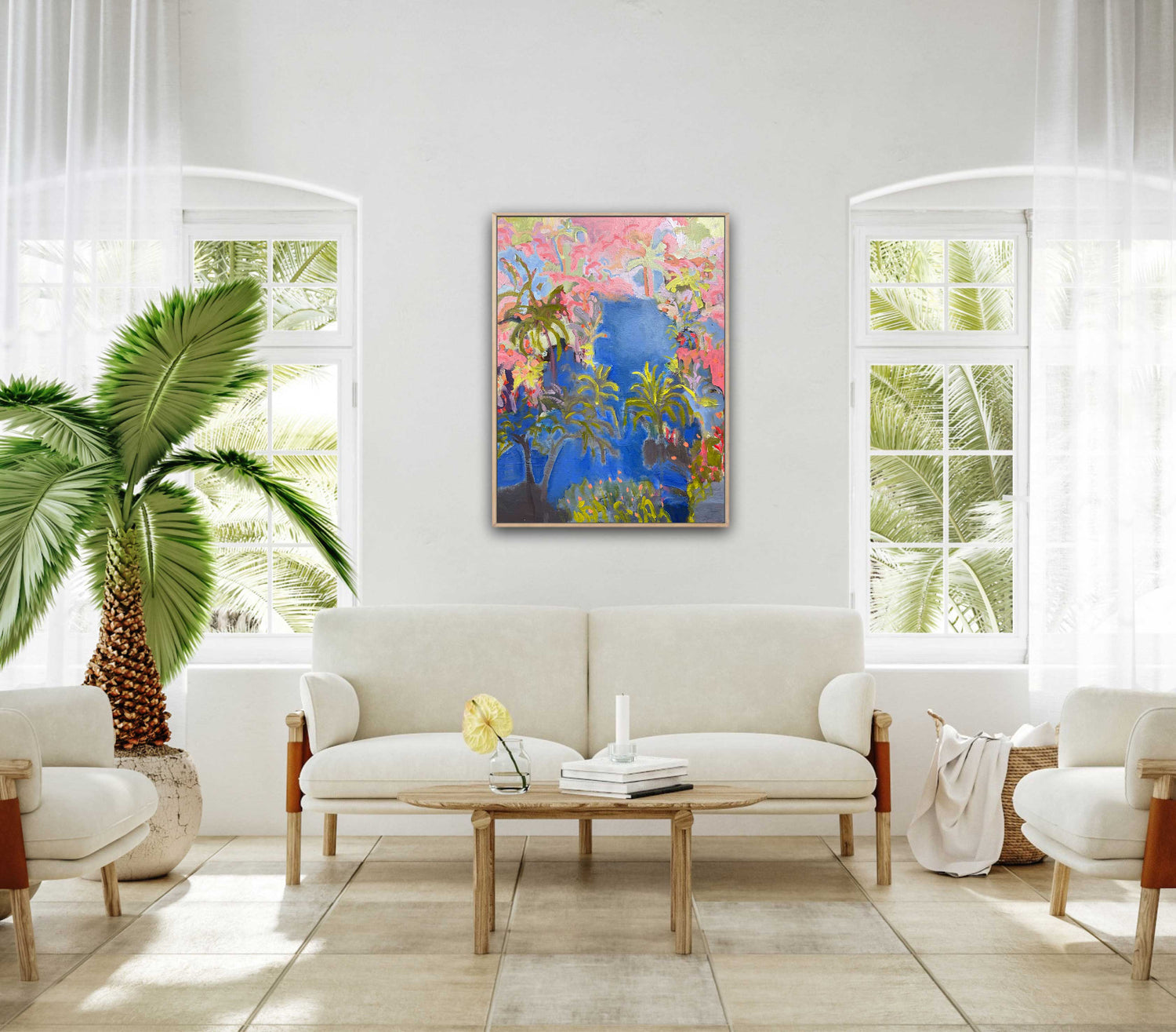 Tropical style painting on a wall near a palm tree